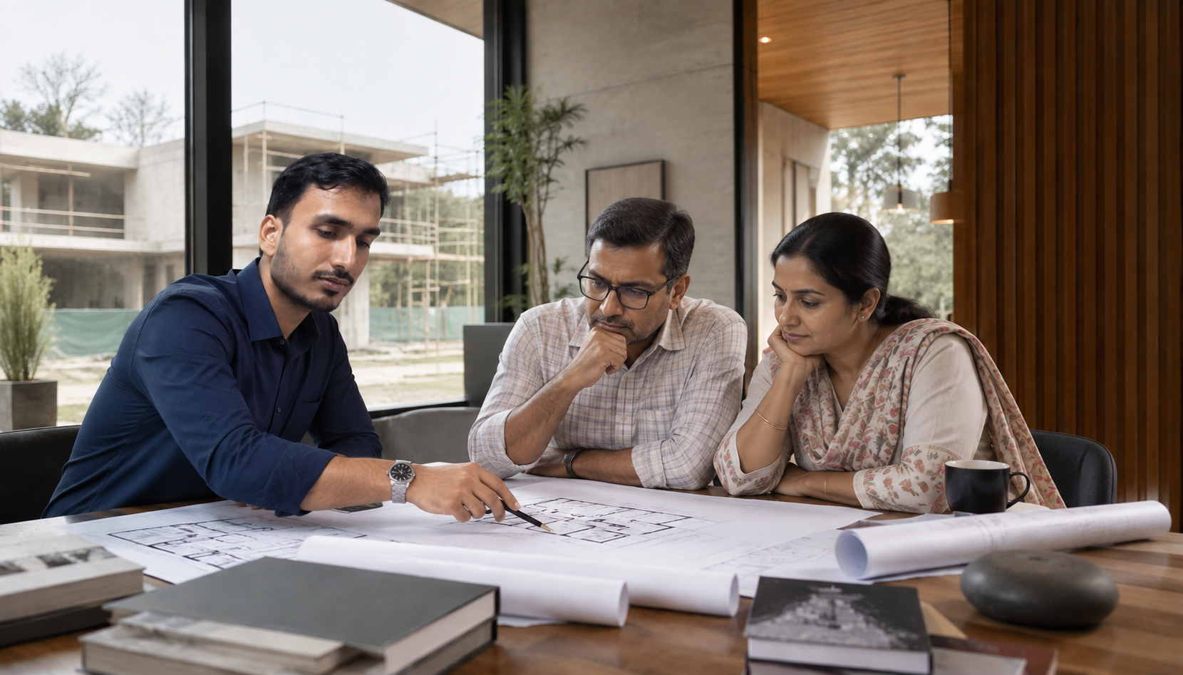 Consultation over architectural plans and site drawings in a warm, contemporary Indian home setting