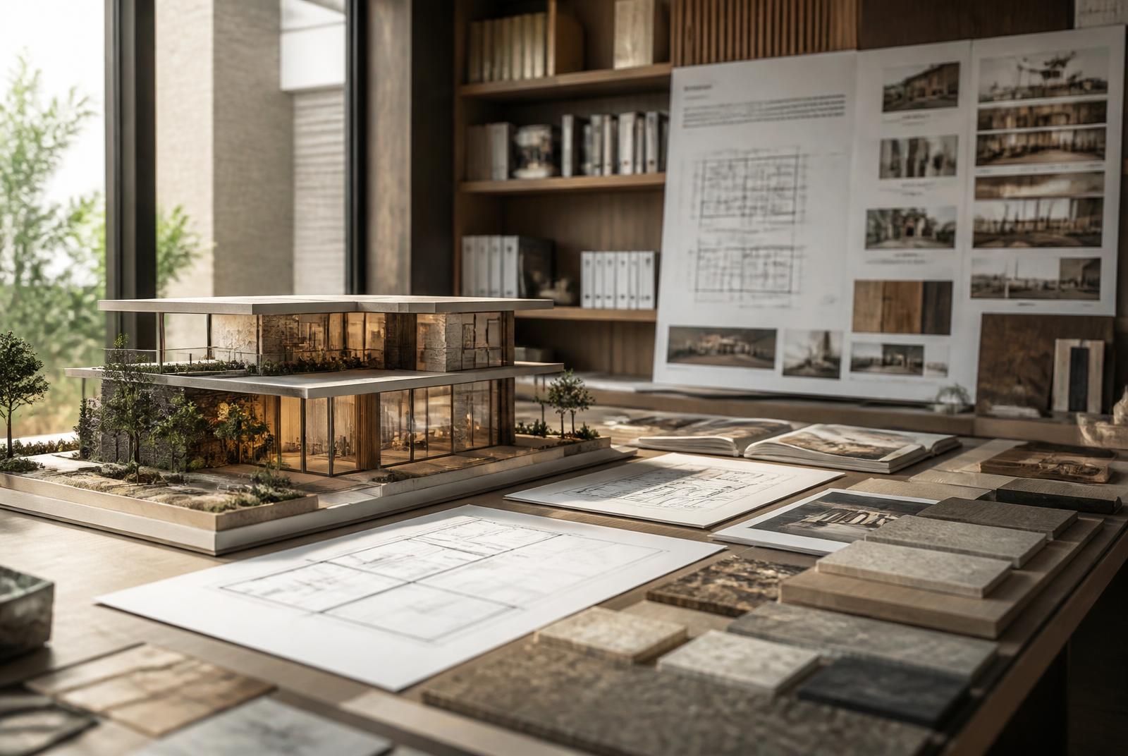 Architectural studio table with plans, elevations, stone and wood material samples and a scale model of a modern residence