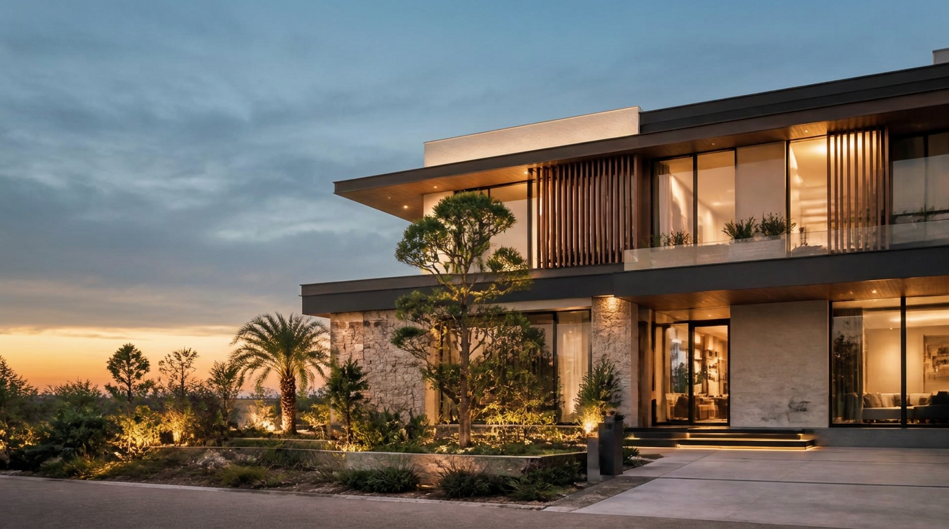 Finished modern Indian luxury residence at golden hour under a muted blue-grey sky — natural stone, warm wood screens and glass with elegant landscaping