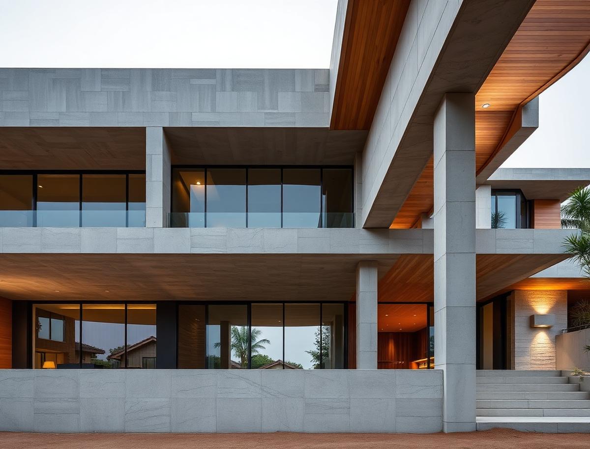 Elegant structural geometry of a modern residence — refined concrete and stone detailing with large glass openings