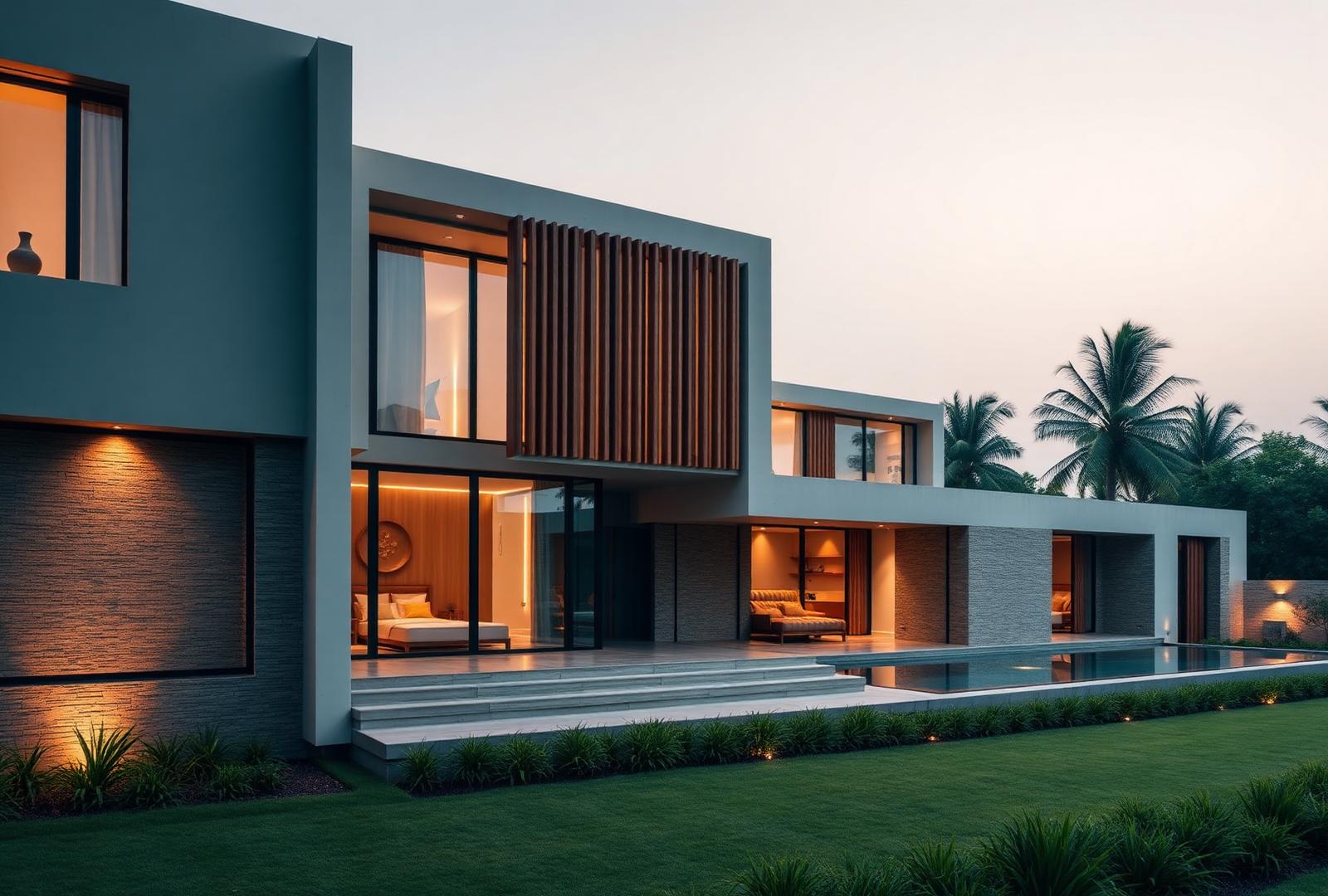 Completed contemporary Indian luxury residence — sophisticated façade in natural stone, warm wood and glass with landscaped surroundings in warm natural light
