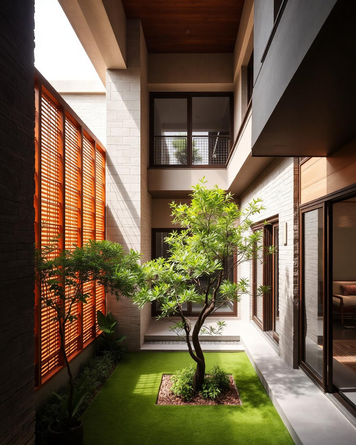 Contemporary Indian courtyard — architectural geometry in stone and wood with greenery and filtered natural light